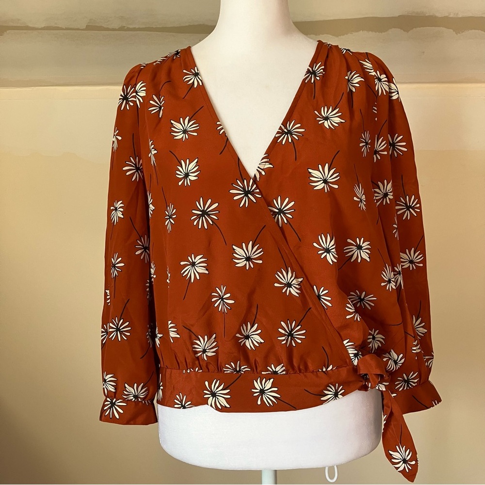 Madewell Red / Orange Floral 100% Silk Floral 3/4 Sleeve Blouse size Medium - Picture 3 of 10